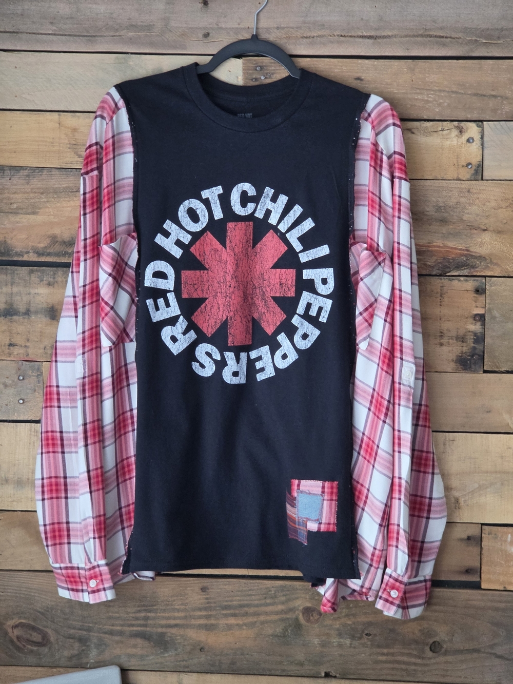 Upcycled Red Hot Chili Peppers Graphic Tee with Plaid Sleeves